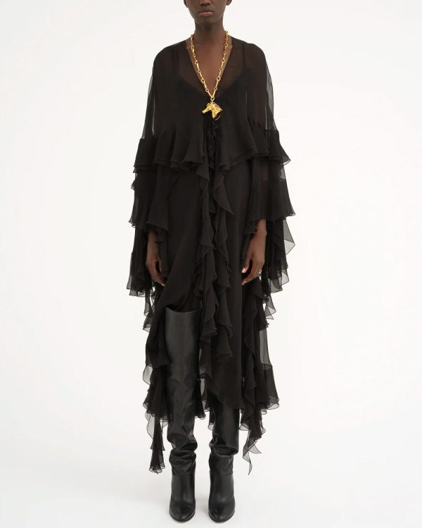 Black Silk Ruffle Drape Dress For Discount