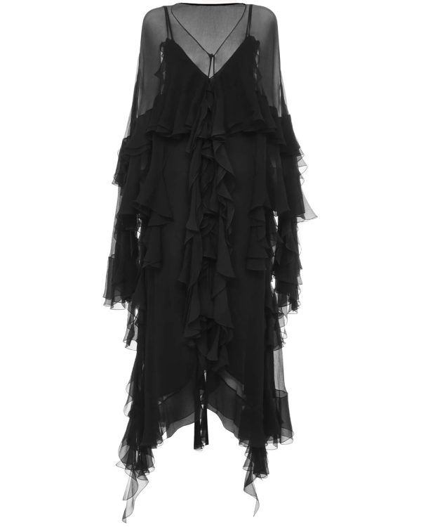 Black Silk Ruffle Drape Dress For Discount