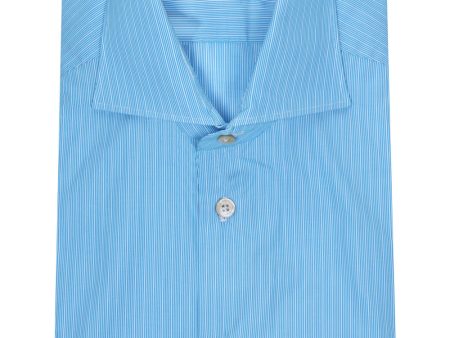 Turquoise and White Micro Stripe Cotton Sportshirt Hot on Sale