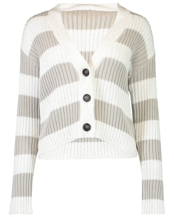 White Bicolor Stripe Diamante Button Up Cardigan Online now