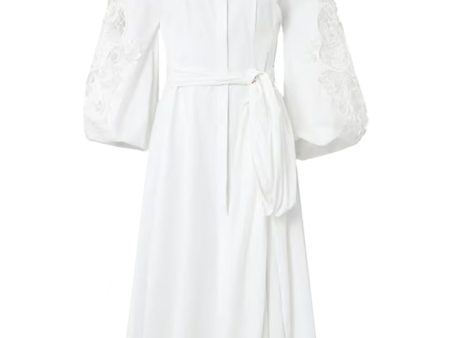 White Embroidered Balloon Sleeve Midi Dress For Cheap