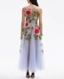 Blue and Pink Hibiscus Embellished Organza Gown Online