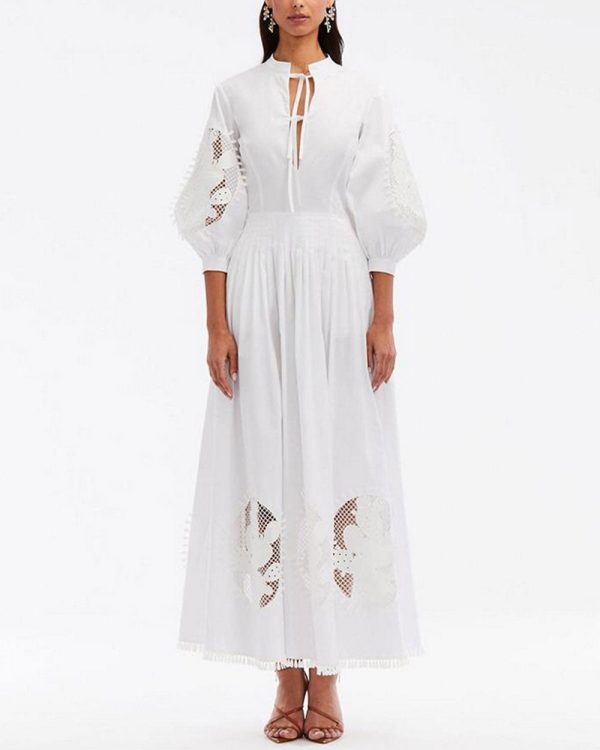 White Cactus Eyelet Balloon Sleeve Dress on Sale