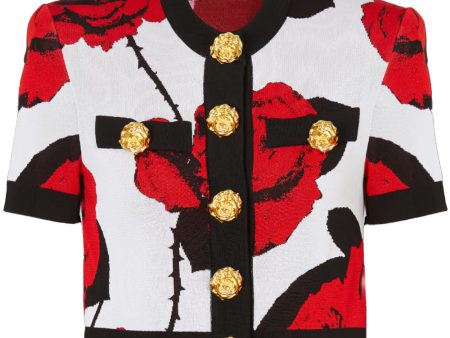 Blanc and Rouge Rose Jacquard Crop Cardigan Online