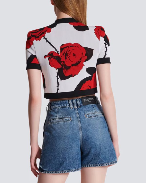 Blanc and Rouge Rose Jacquard Crop Cardigan Online