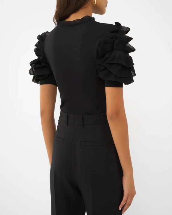 Black Short Sleeve Ruffle Knit Top Hot on Sale