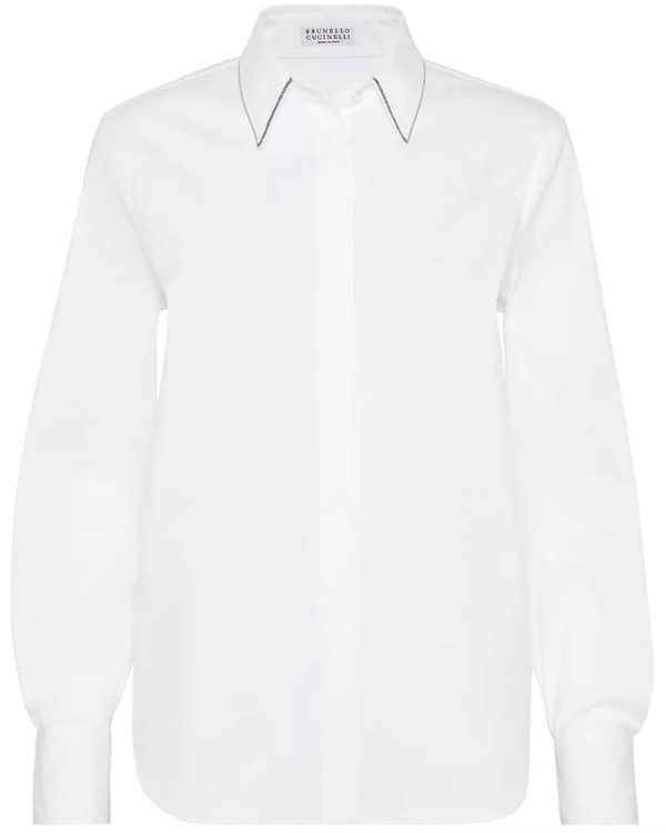 White Monili Trim Collar Button Up Shirt Online