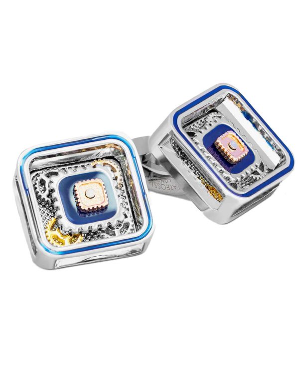 Blue Enamel Quadrato Gear Cufflinks For Discount