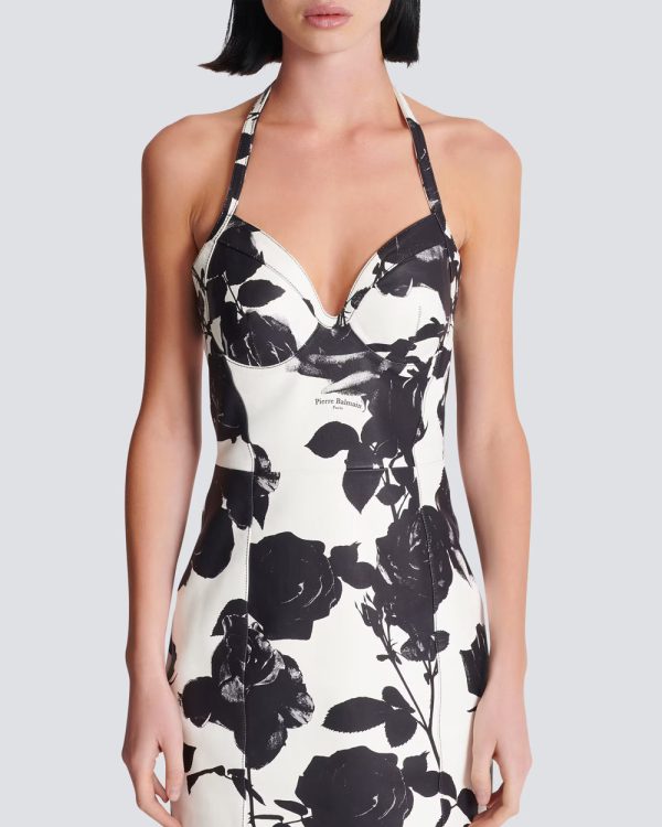 Blanc and Noir Roses Print Leather Mini Dress For Discount