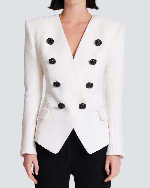 Blanc Crepe Collarless Double Breasted Jacket Supply